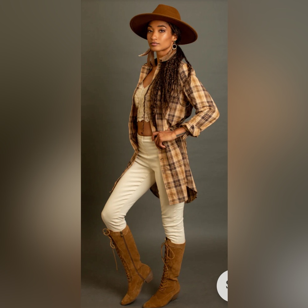Joyfolie MYA SHIRT DRESS IN OCHRE BROWN PLAID